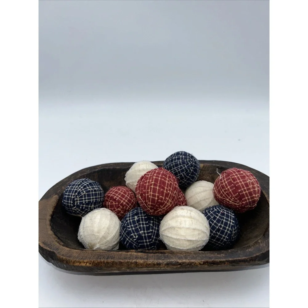 Primitive Americana Gingham Rag Balls Set of 12 Red White Blue Bowl Filler